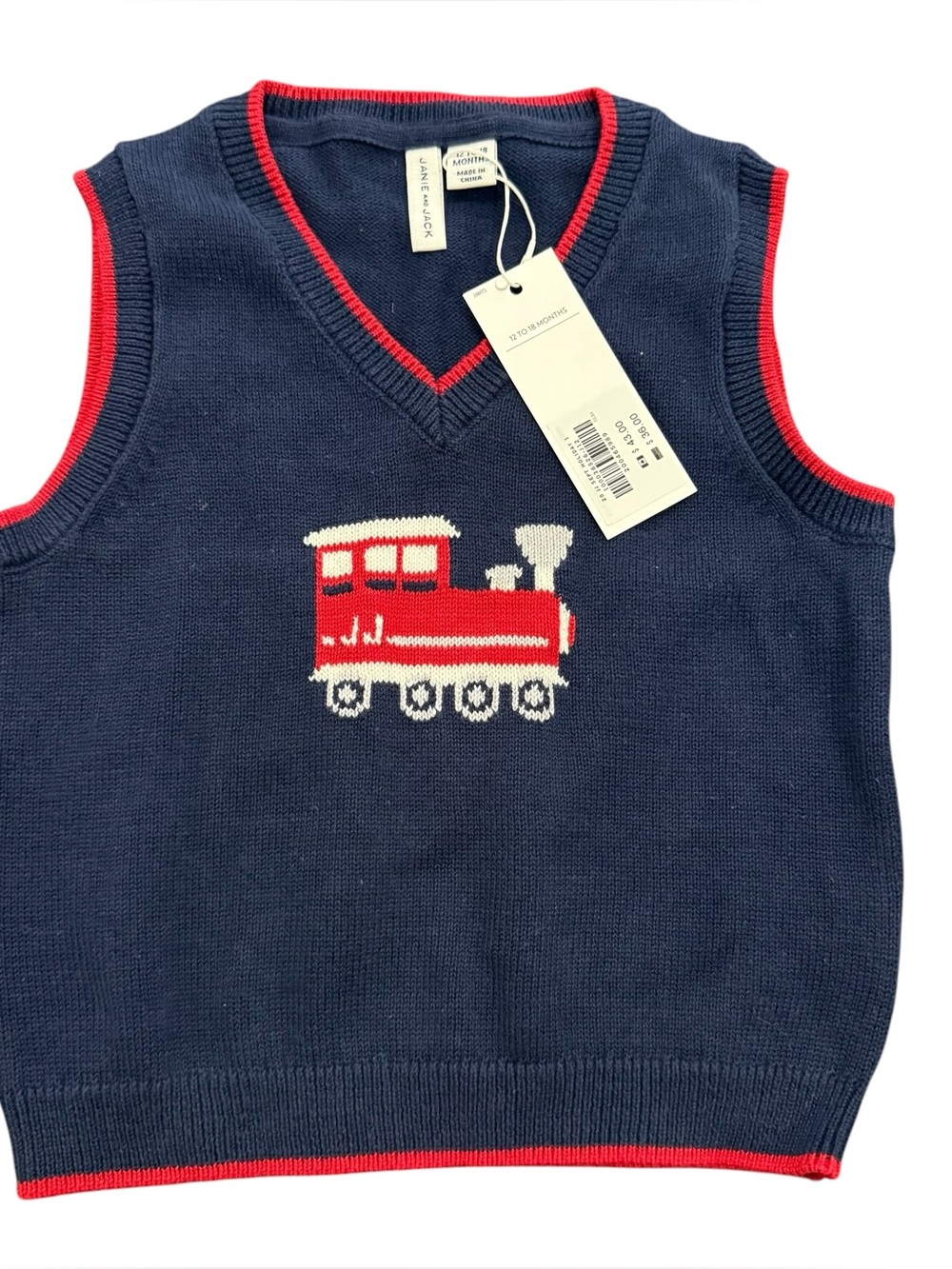 Janie and Jack Kids Navy Vest with Red Train Motif V neck size 12-18 months NWT